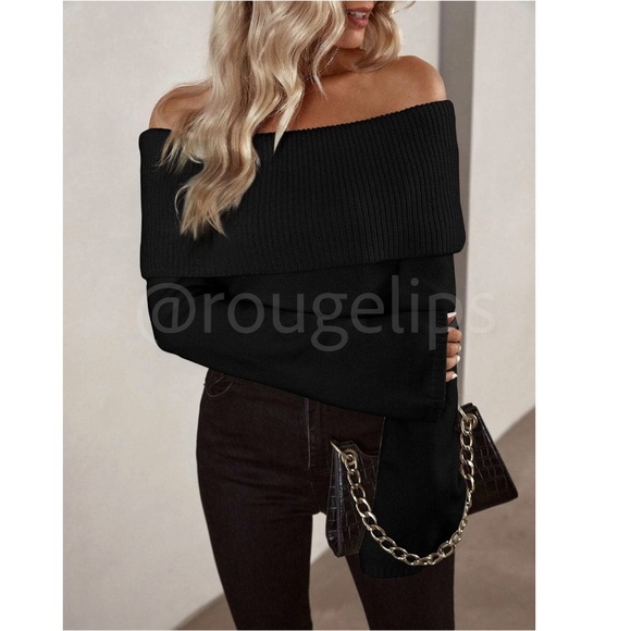 Black Off Shoulder Fold Over Sweater Pullover Knit Long Sleeve - Picture 5 of 7